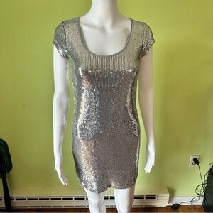 VTG Y2K DEMANDING BY SAY WHAT SILVER SEQUIN DRESS SZ MEDIUM CYBER CLUB FESTIVAL